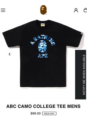 A Bathing Ape ABC Camo College Tee - Black with Blue Camo Logo Size S